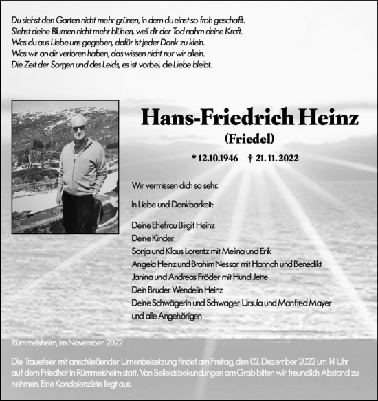 Traueranzeige von Hans-Friedrich Heinz von vrm-trauer Allgemeine  Zeitung Ingelheim-Bingen