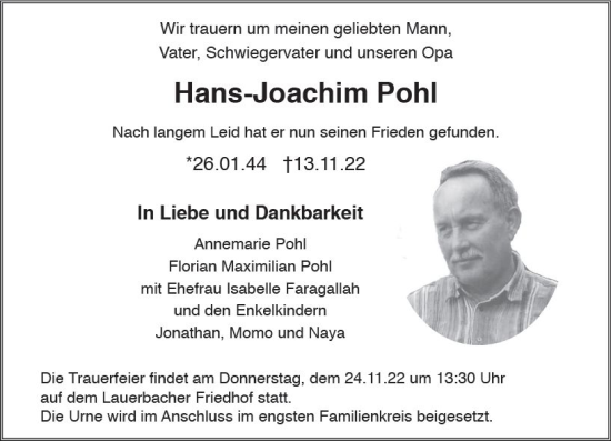 Traueranzeige von Hans-Joachim Pohl von vrm-trauer Odenwälder Echo
