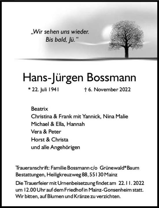 Traueranzeige von Hans-Jürgen Bossmann von vrm-trauer AZ Mainz
