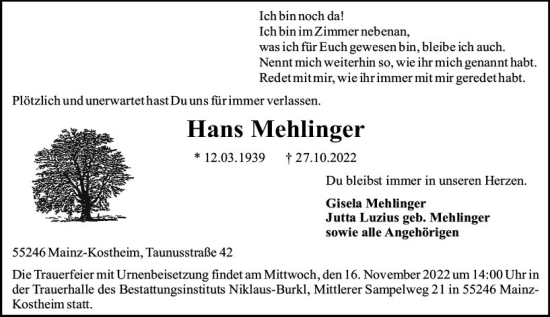 Traueranzeige von Hans Mehlinger von vrm-trauer AZ Mainz