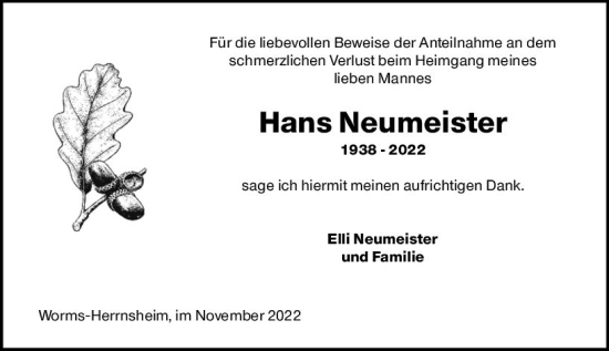 Traueranzeige von Hans Neumeister von vrm-trauer Wormser Zeitung