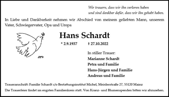 Traueranzeige von Hans Schardt von vrm-trauer AZ Mainz