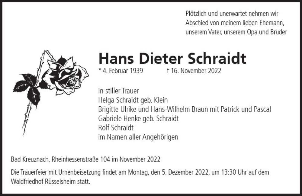  Traueranzeige für Hans Dieter Schraidt vom 26.11.2022 aus vrm-trauer Rüsselsheimer Echo / MainSpitze