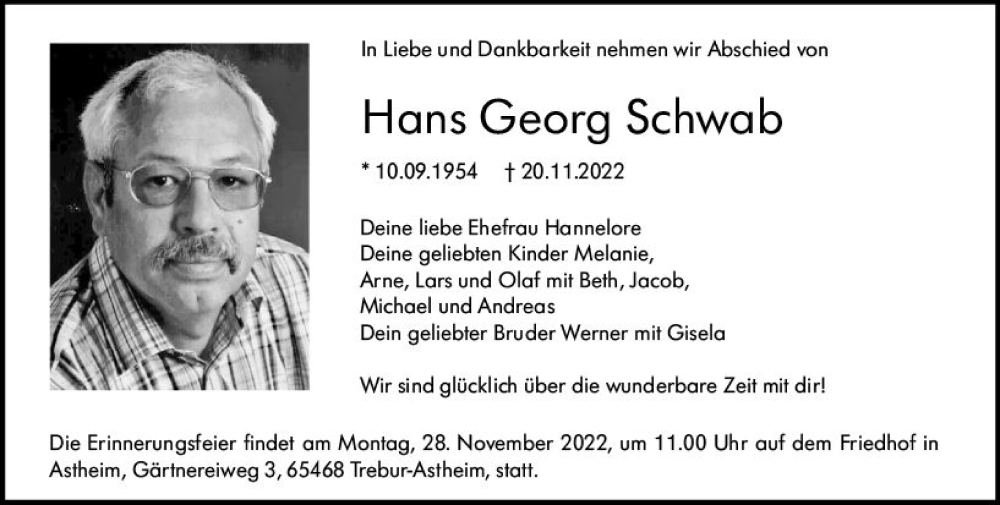  Traueranzeige für Hans Georg Schwab vom 24.11.2022 aus vrm-trauer Rüsselsheimer Echo / MainSpitze
