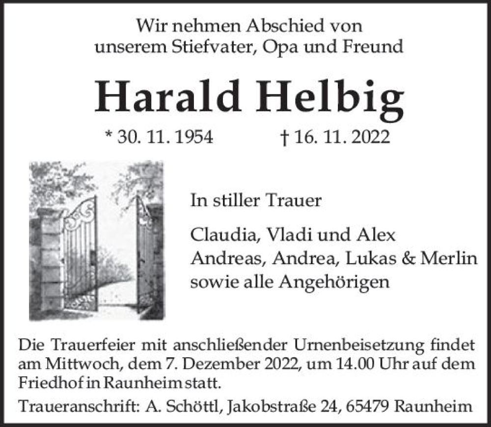  Traueranzeige für Harald Helbig vom 26.11.2022 aus vrm-trauer Rüsselsheimer Echo / MainSpitze