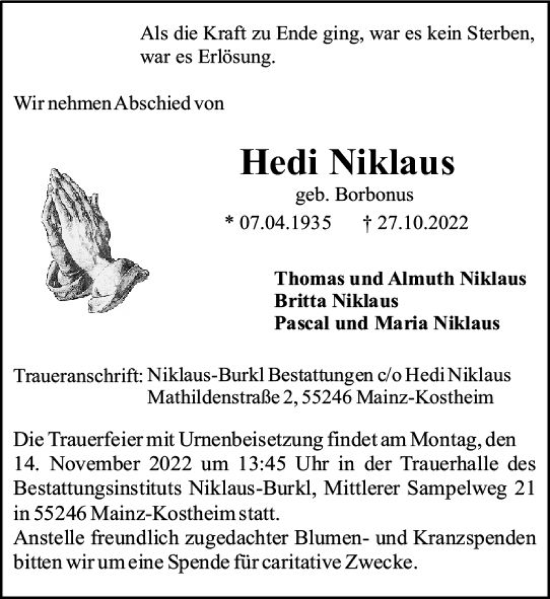 Traueranzeige von Hedi Niklaus von vrm-trauer AZ Mainz