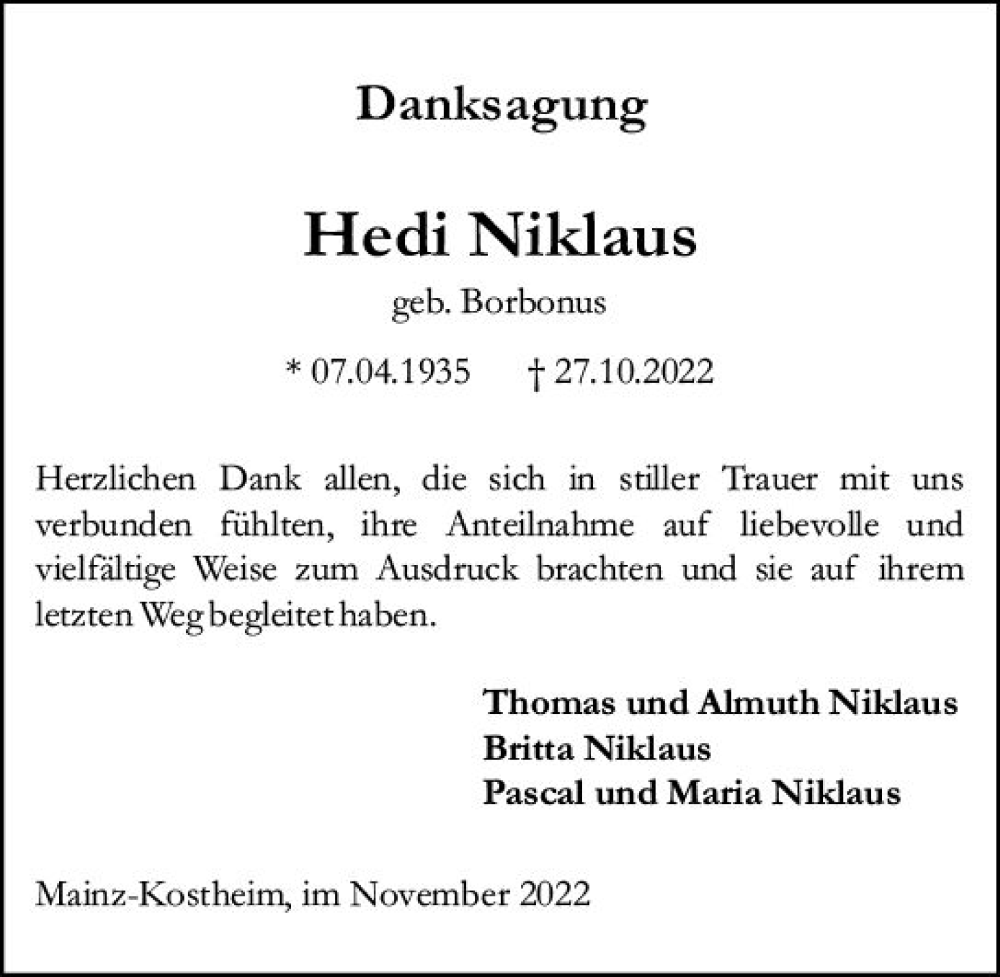  Traueranzeige für Hedi Niklaus vom 26.11.2022 aus vrm-trauer AZ Mainz