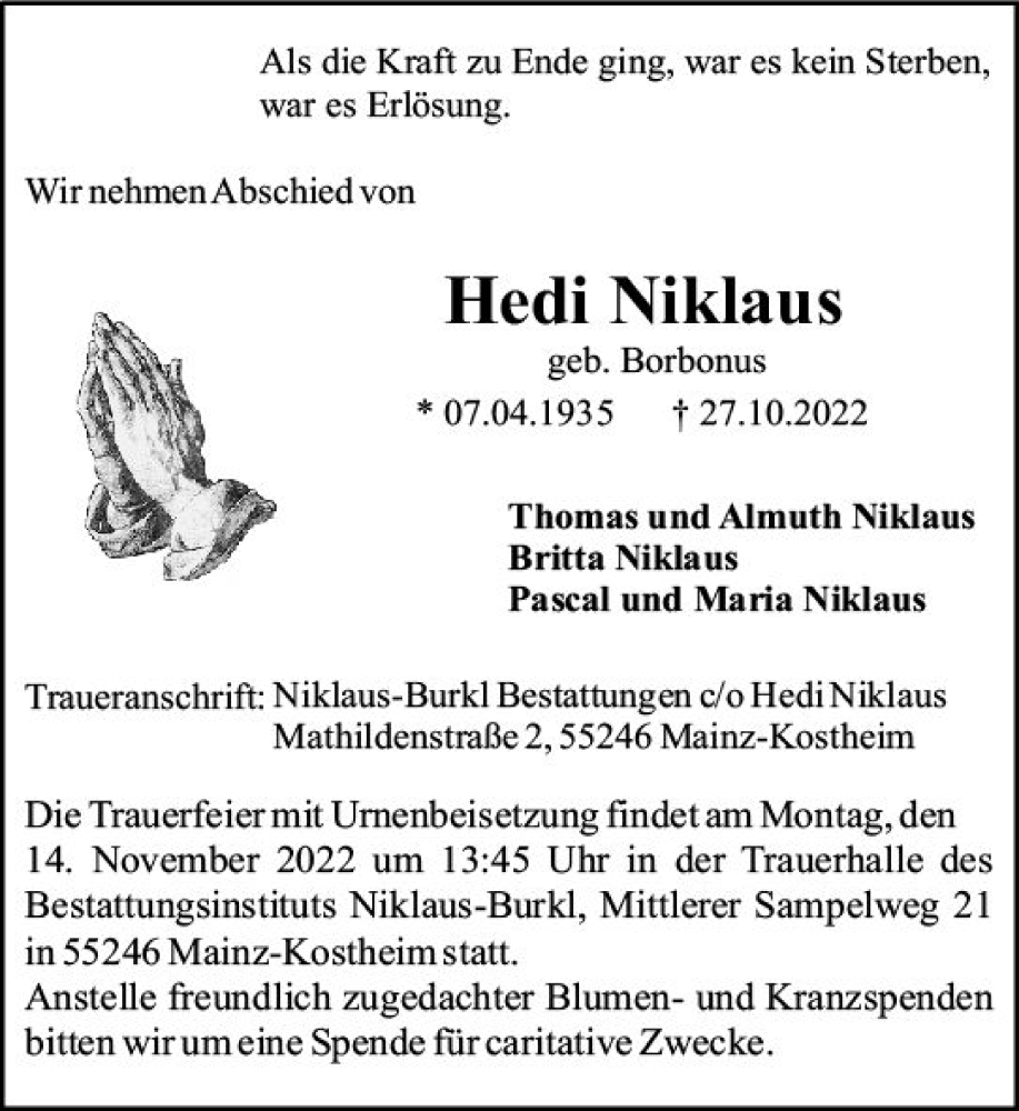  Traueranzeige für Hedi Niklaus vom 05.11.2022 aus vrm-trauer AZ Mainz