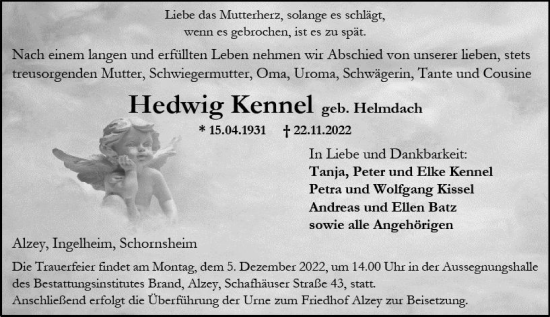 Traueranzeige von Hedwig Kennei von vrm-trauer Allgemeine Zeitung Alzey