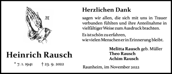 Traueranzeige von Heinrich Rausch von vrm-trauer Rüsselsheimer Echo / MainSpitze