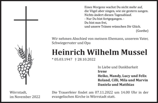 Traueranzeige von Heinrich Wilhelm Mussel von vrm-trauer Allgemeine Zeitung Alzey