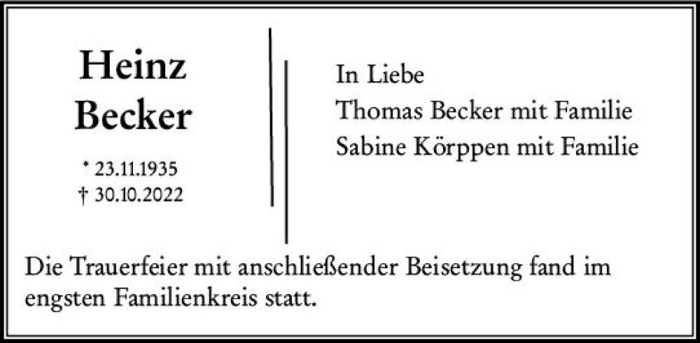  Traueranzeige für Heinz Becker vom 19.11.2022 aus vrm-trauer Wiesbadener Kurier