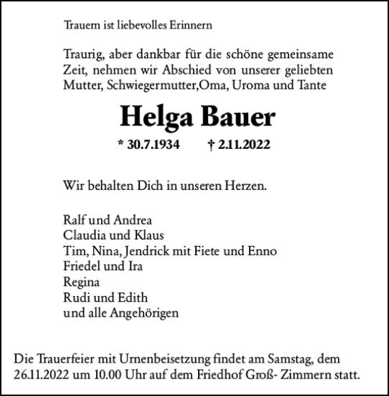 Traueranzeige von Helga Bauer von vrm-trauer DieburgerAnzeiger/Groß-Zimmerner Lokala