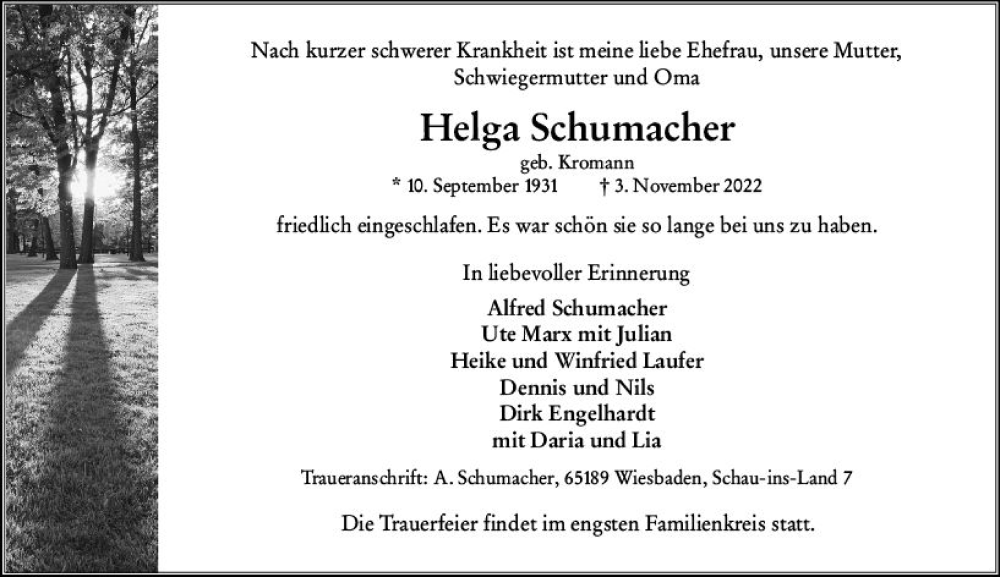  Traueranzeige für Helga Schumacher vom 12.11.2022 aus vrm-trauer Wiesbadener Kurier