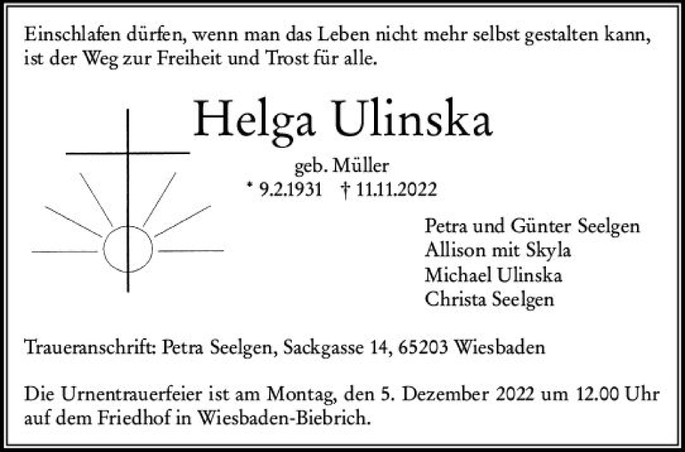  Traueranzeige für Helga Ulinska vom 26.11.2022 aus vrm-trauer Wiesbadener Kurier
