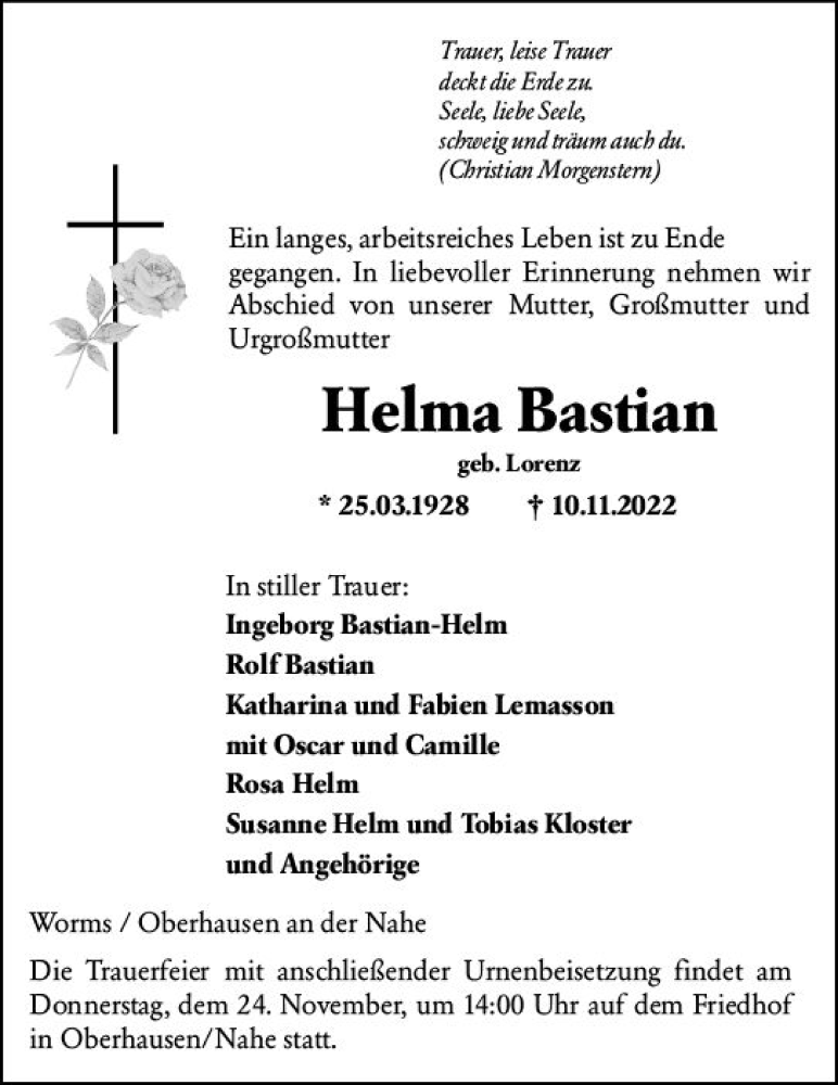  Traueranzeige für Helma Bastian vom 18.11.2022 aus vrm-trauer Allg. Zeitung Bad Kreuznach