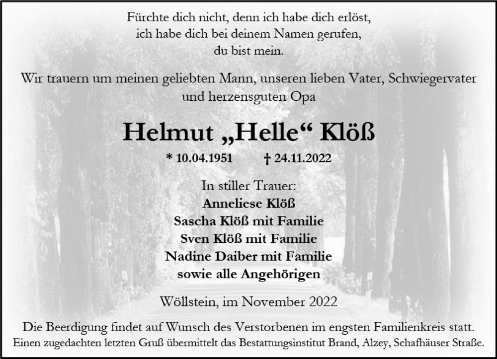  Traueranzeige für Helmut Klöß vom 29.11.2022 aus vrm-trauer Allgemeine Zeitung Alzey
