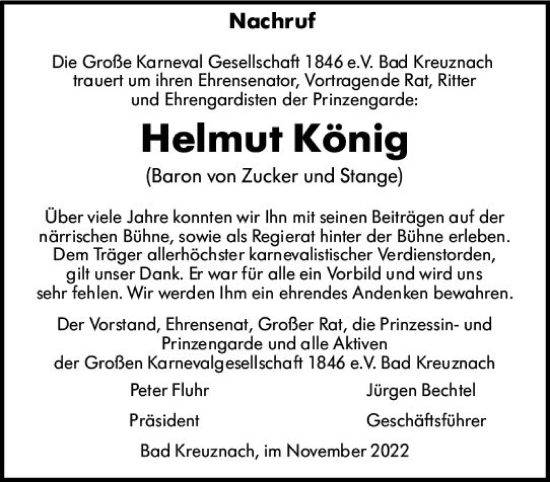 Traueranzeige von Helmut König von vrm-trauer Allg. Zeitung Bad Kreuznach