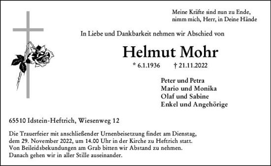 Traueranzeige von Helmut Mohr von vrm-trauer Idsteiner Zeitung
