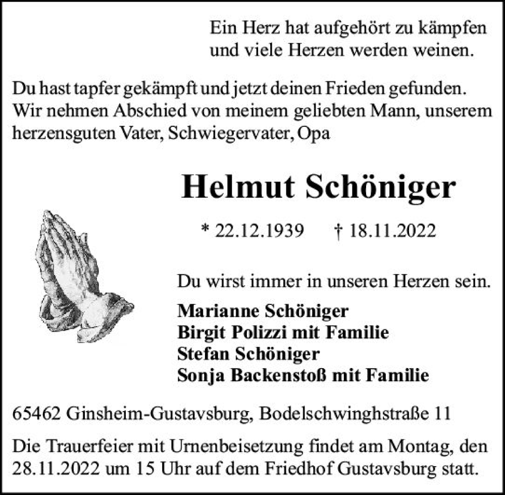  Traueranzeige für Helmut Schöniger vom 26.11.2022 aus vrm-trauer Rüsselsheimer Echo / MainSpitze