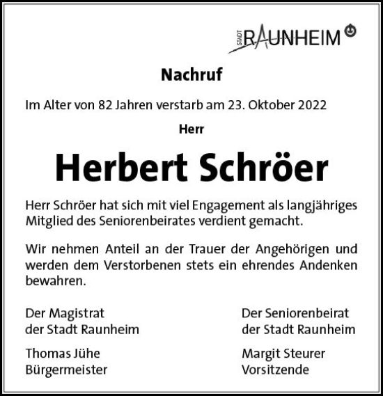 Traueranzeige von Herbert Schröer von vrm-trauer Rüsselsheimer Echo / MainSpitze
