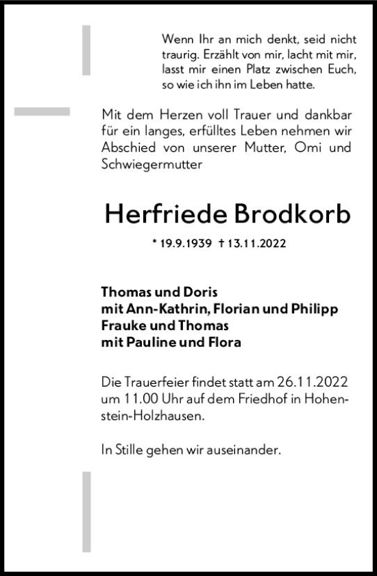 Traueranzeige von Herfriede Brodkorb von vrm-trauer Wiesbadener Kurier
