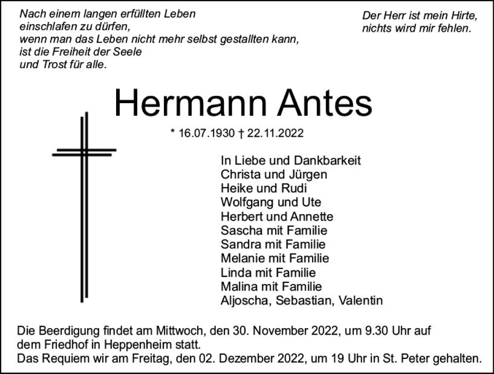  Traueranzeige für Hermann Antes vom 26.11.2022 aus vrm-trauer Bürstädter/Lamperth. Ztg/Starkenburger