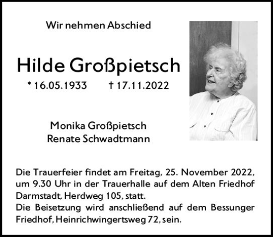 Traueranzeige von Hilde Großpietsch von vrm-trauer Darmstädter Echo