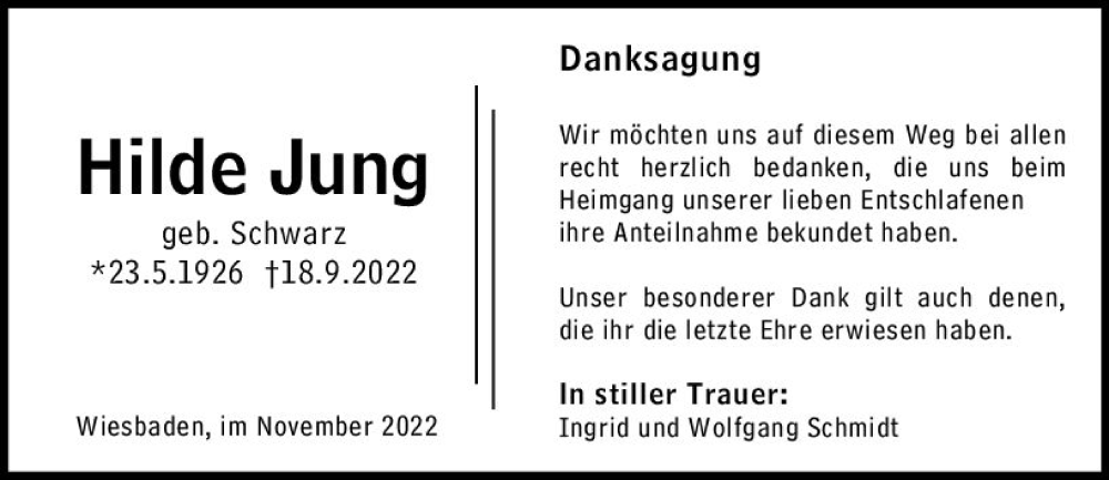  Traueranzeige für Hilde Jung vom 12.11.2022 aus vrm-trauer Wiesbadener Kurier