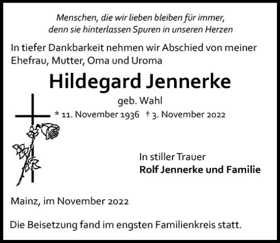 Traueranzeige von Hildegard Jennerke von vrm-trauer AZ Mainz