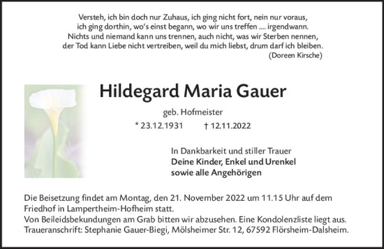 Traueranzeige von Hildegard Maria Gauer von vrm-trauer Wormser Zeitung