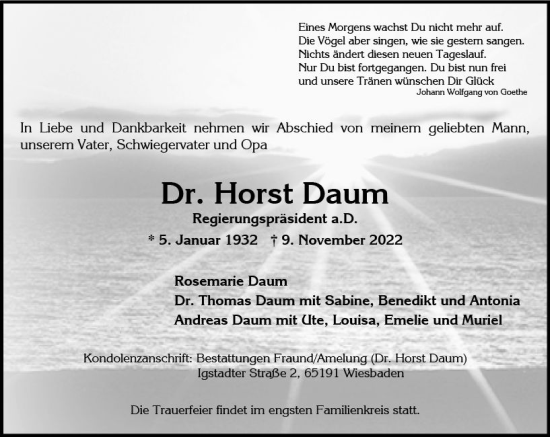 Traueranzeige von Horst Daum von vrm-trauer Wiesbadener Kurier