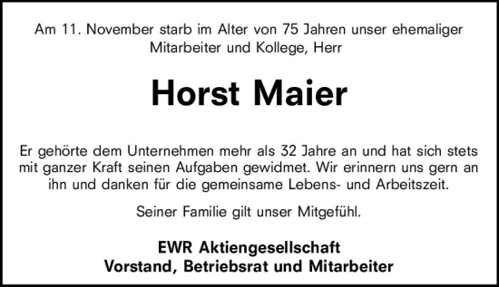 Traueranzeige von Horst Maier von vrm-trauer Wormser Zeitung