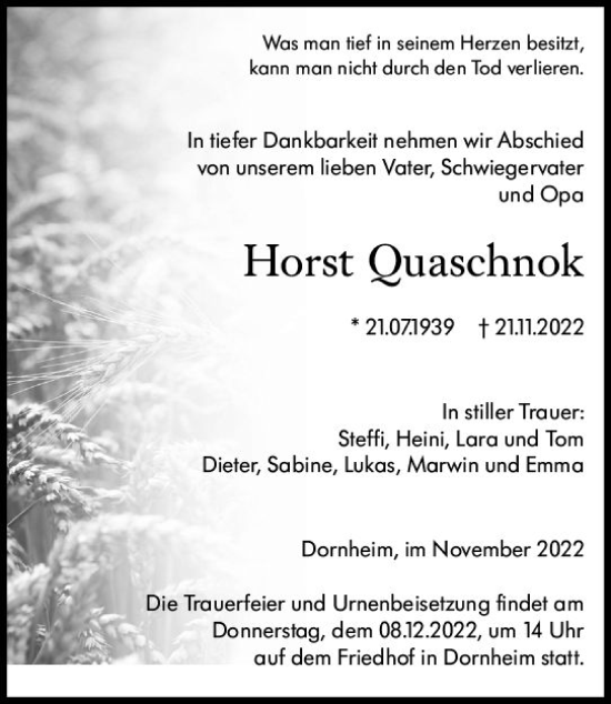 Traueranzeige von Horst Quaschnok von vrm-trauer Groß-Gerauer Echo