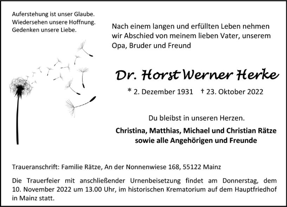  Traueranzeige für Horst Werner Herke vom 05.11.2022 aus vrm-trauer AZ Mainz