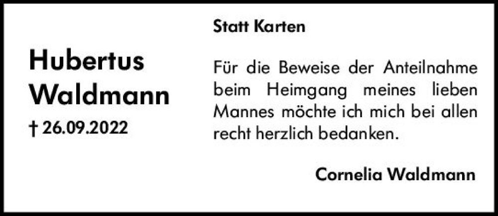 Traueranzeige für Hubertus Waldmann vom 12.11.2022 aus vrm-trauer AZ Mainz