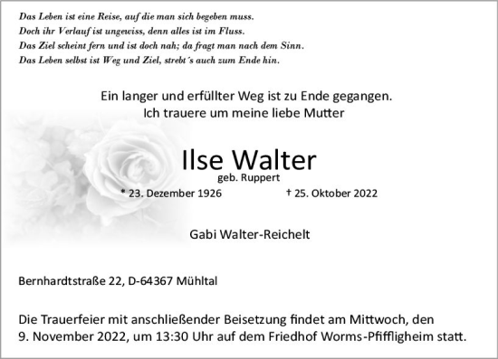 Traueranzeige von Ilse Walter von vrm-trauer Wormser Zeitung