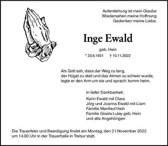 Traueranzeige von Inge Ewald von vrm-trauer Groß-Gerauer Echo