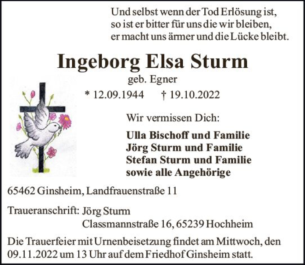  Traueranzeige für Ingeborg Elsa Sturm vom 05.11.2022 aus vrm-trauer Rüsselsheimer Echo / MainSpitze