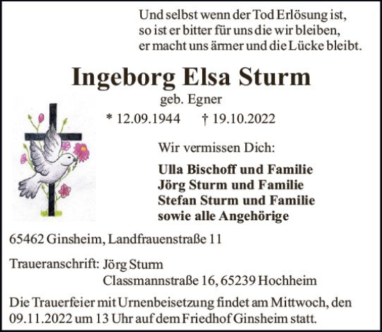 Traueranzeige von Ingeborg Elsa Sturm von vrm-trauer Hochheimer Zeitung