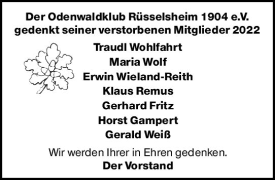 Traueranzeige von In Gedenken  von vrm-trauer Rüsselsheimer Echo / MainSpitze