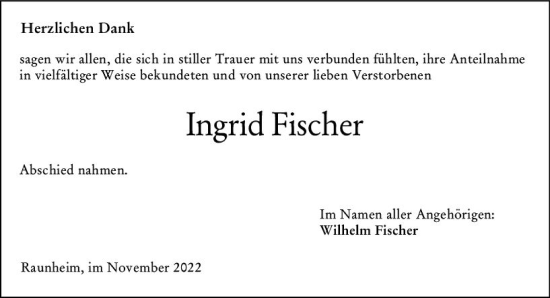 Traueranzeige von Ingrid Fischer von vrm-trauer Rüsselsheimer Echo / MainSpitze