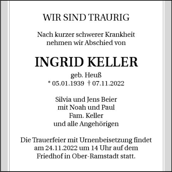 Traueranzeige von Ingrid Keller von vrm-trauer Darmstädter Echo