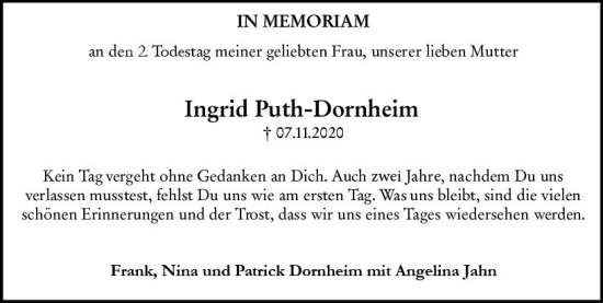 Traueranzeige von Ingrid Puth-Dornheim von vrm-trauer AZ Mainz