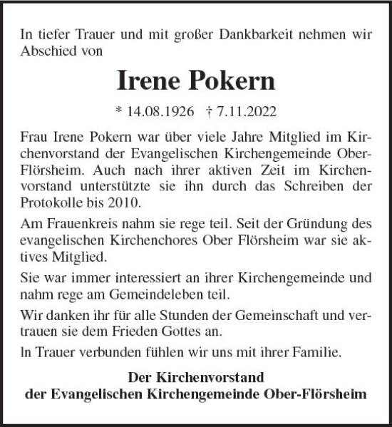 Traueranzeige von Irene Pokern von vrm-trauer Allgemeine Zeitung Alzey