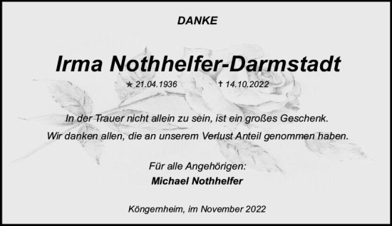 Traueranzeige von Irma Nothhelfer-Darmstadt von vrm-trauer AZ Mainz