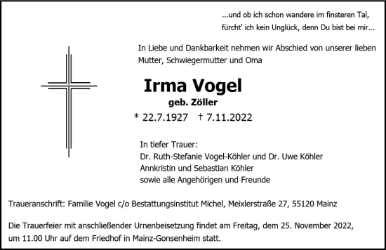 Traueranzeige von Irma Vogel von vrm-trauer AZ Mainz
