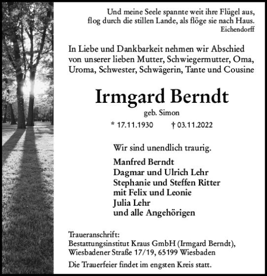 Traueranzeige von Irmgard Berndt von vrm-trauer Wiesbadener Kurier