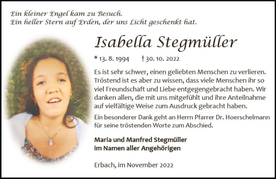 Traueranzeige von Isabella Stegmütter von vrm-trauer Odenwälder Echo