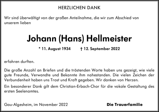 Traueranzeige von Johann Hellmeister von vrm-trauer Allgemeine  Zeitung Ingelheim-Bingen